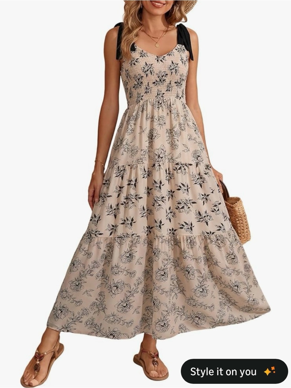 Beige Floral Maxi Dress with Black Tie Straps
